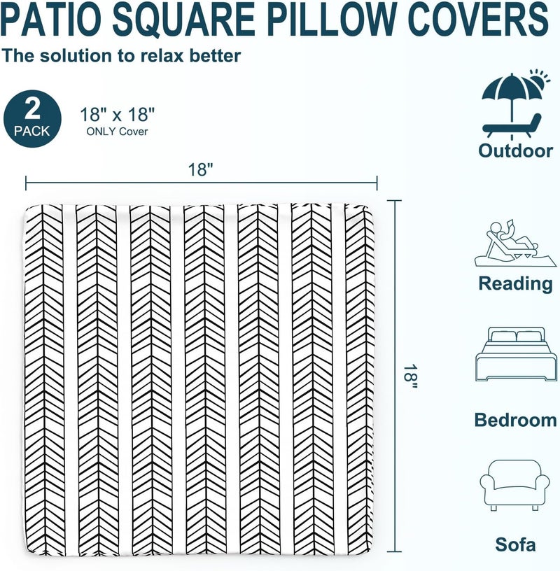 DYTXIII Pack of 2 Outdoor Waterproof Pillow Covers ONLY, 18"x18" Square Decorative Double Printed Throw Pillow Cases for Patio Couch Porch Furniture, Herringbone Black White - Image 3